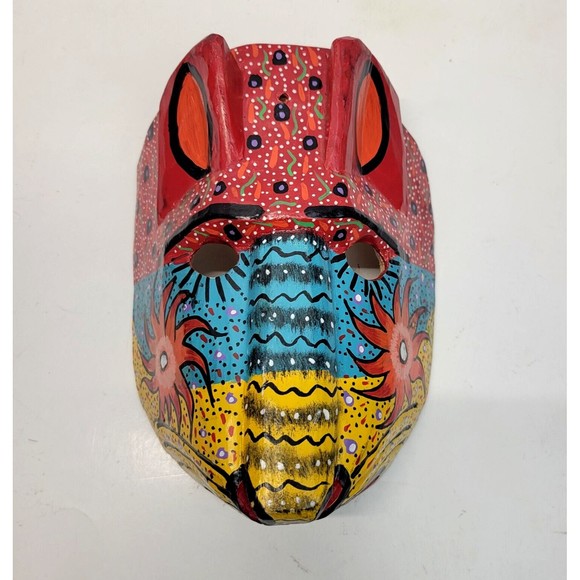 Handmade Carved Wood Cat Mask Jaguar Leopard Guatemala Mexico Folk Art Vintage - Picture 8 of 16